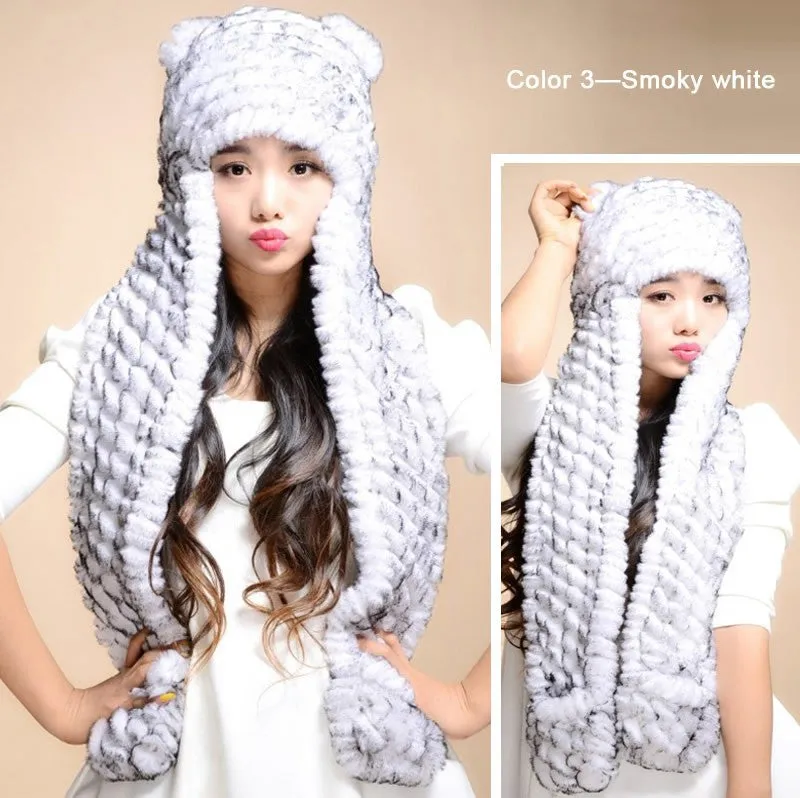 Winter Hats for Women with Ear Flaps Knitted Real REX Rabbit Fur Hat Multi-used Scarf Glove Cute Beanie Winter Fur Cap Headgear Head Warmer Headdress FS14611