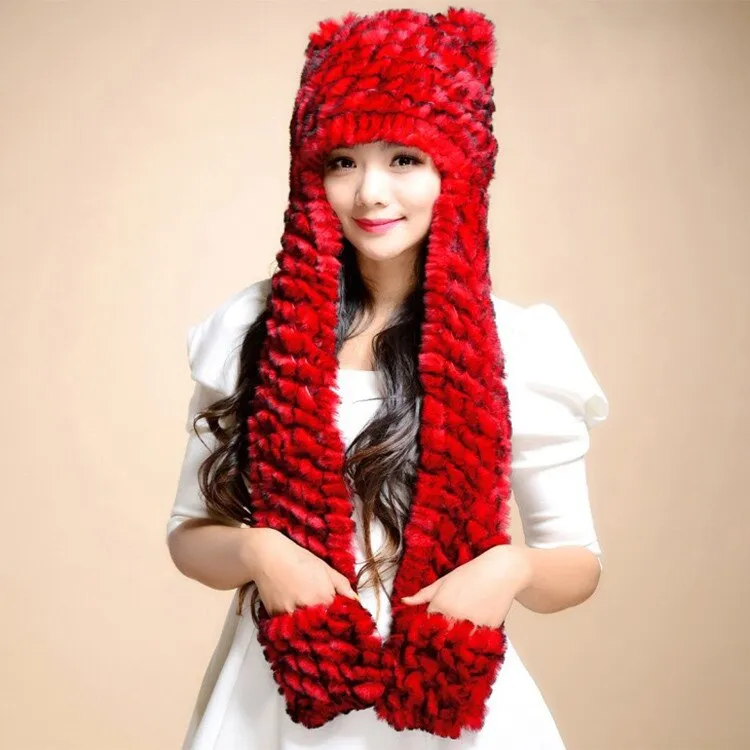 Winter Hats for Women with Ear Flaps Knitted Real REX Rabbit Fur Hat Multi-used Scarf Glove Cute Beanie Winter Fur Cap Headgear Head Warmer Headdress FS14611