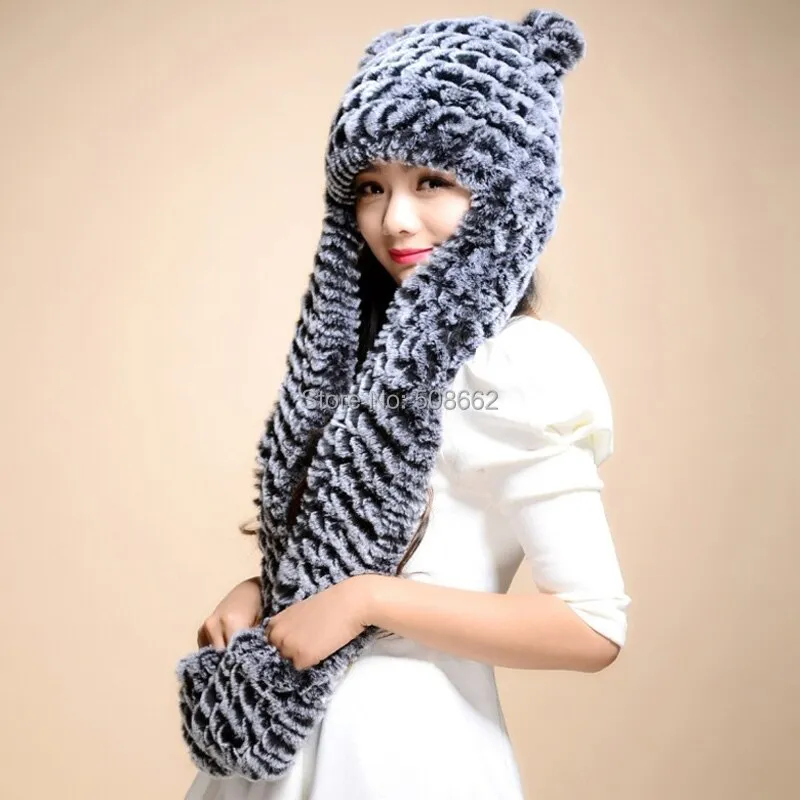Winter Hats for Women with Ear Flaps Knitted Real REX Rabbit Fur Hat Multi-used Scarf Glove Cute Beanie Winter Fur Cap Headgear Head Warmer Headdress FS14611