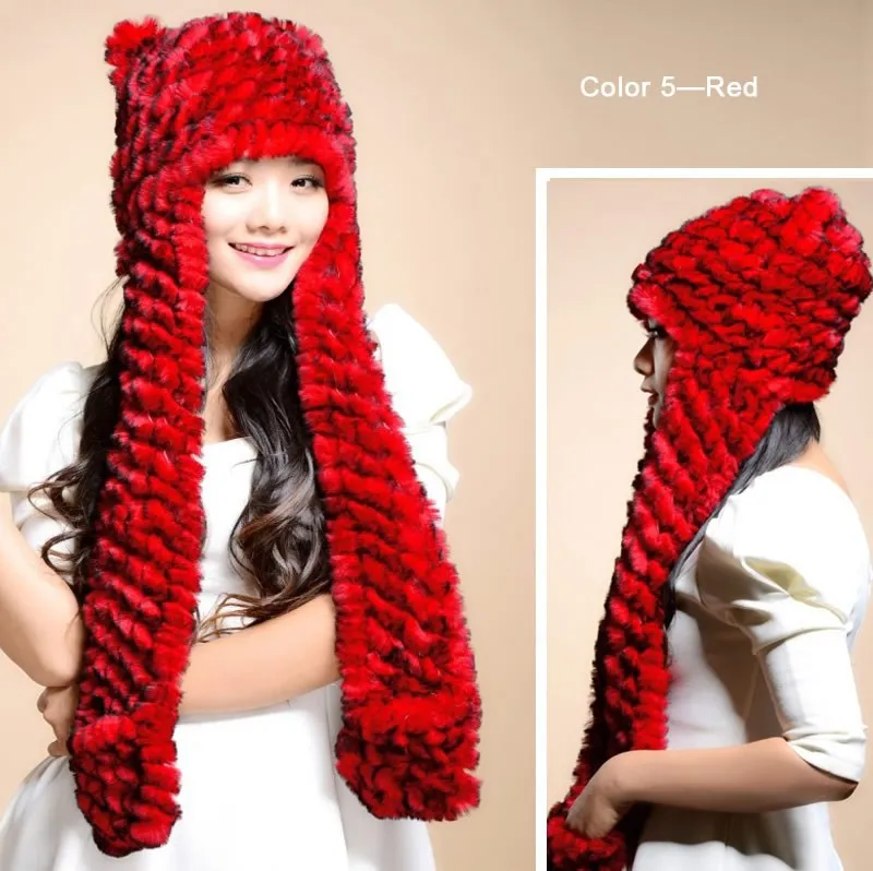 Winter Hats for Women with Ear Flaps Knitted Real REX Rabbit Fur Hat Multi-used Scarf Glove Cute Beanie Winter Fur Cap Headgear Head Warmer Headdress FS14611
