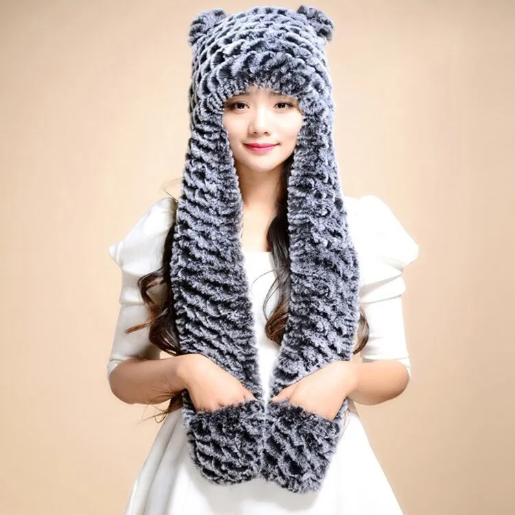 Winter Hats for Women with Ear Flaps Knitted Real REX Rabbit Fur Hat Multi-used Scarf Glove Cute Beanie Winter Fur Cap Headgear Head Warmer Headdress FS14611