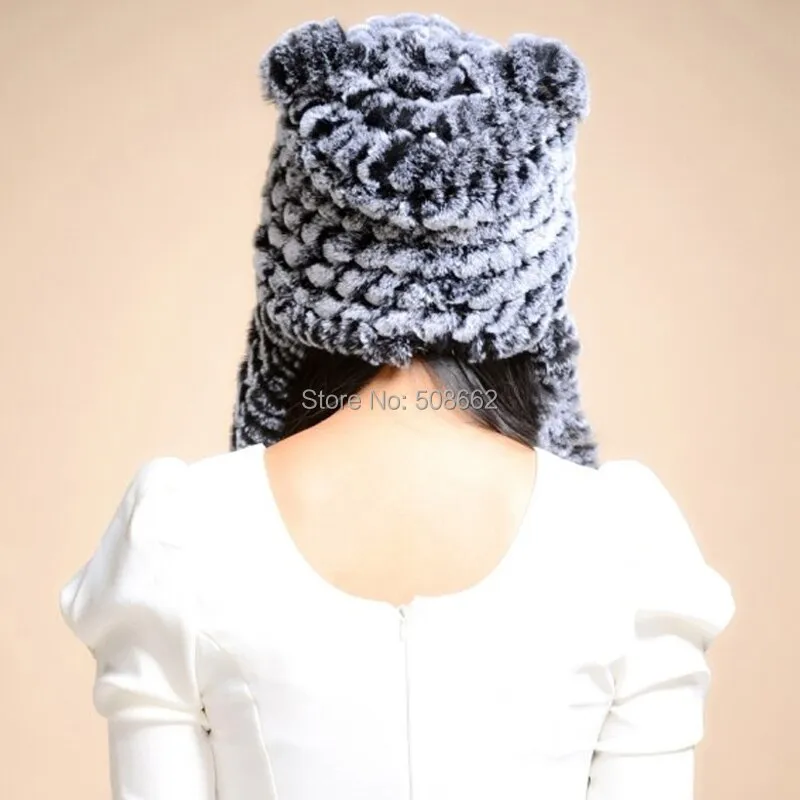 Winter Hats for Women with Ear Flaps Knitted Real REX Rabbit Fur Hat Multi-used Scarf Glove Cute Beanie Winter Fur Cap Headgear Head Warmer Headdress FS14611