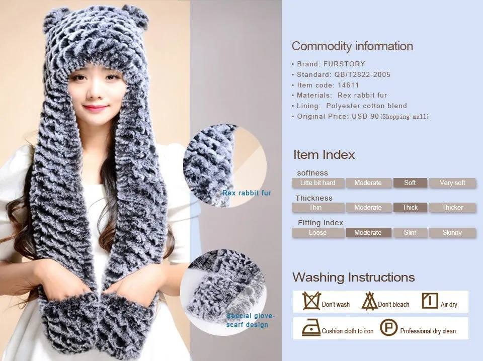Winter Hats for Women with Ear Flaps Knitted Real REX Rabbit Fur Hat Multi-used Scarf Glove Cute Beanie Winter Fur Cap Headgear Head Warmer Headdress FS14611