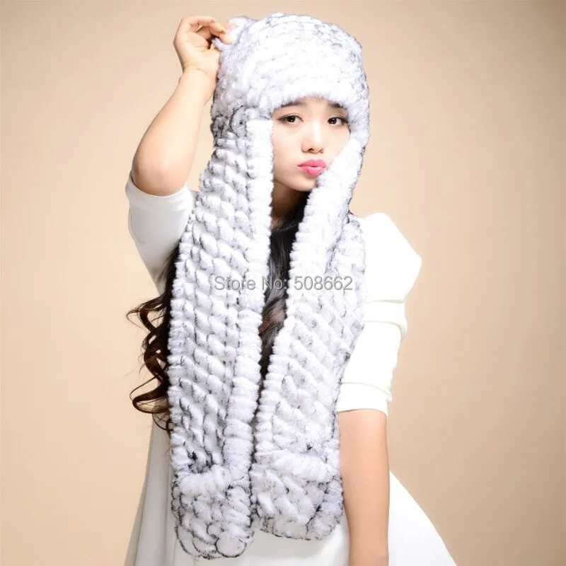 Winter Hats for Women with Ear Flaps Knitted Real REX Rabbit Fur Hat Multi-used Scarf Glove Cute Beanie Winter Fur Cap Headgear Head Warmer Headdress FS14611