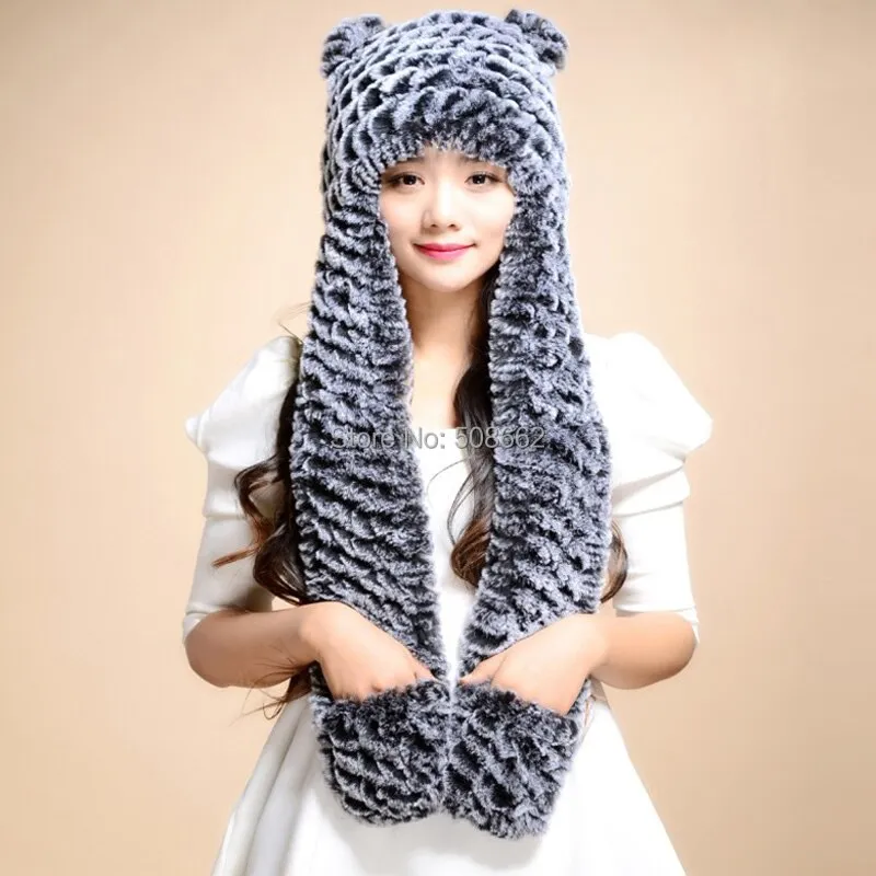 Winter Hats for Women with Ear Flaps Knitted Real REX Rabbit Fur Hat Multi-used Scarf Glove Cute Beanie Winter Fur Cap Headgear Head Warmer Headdress FS14611