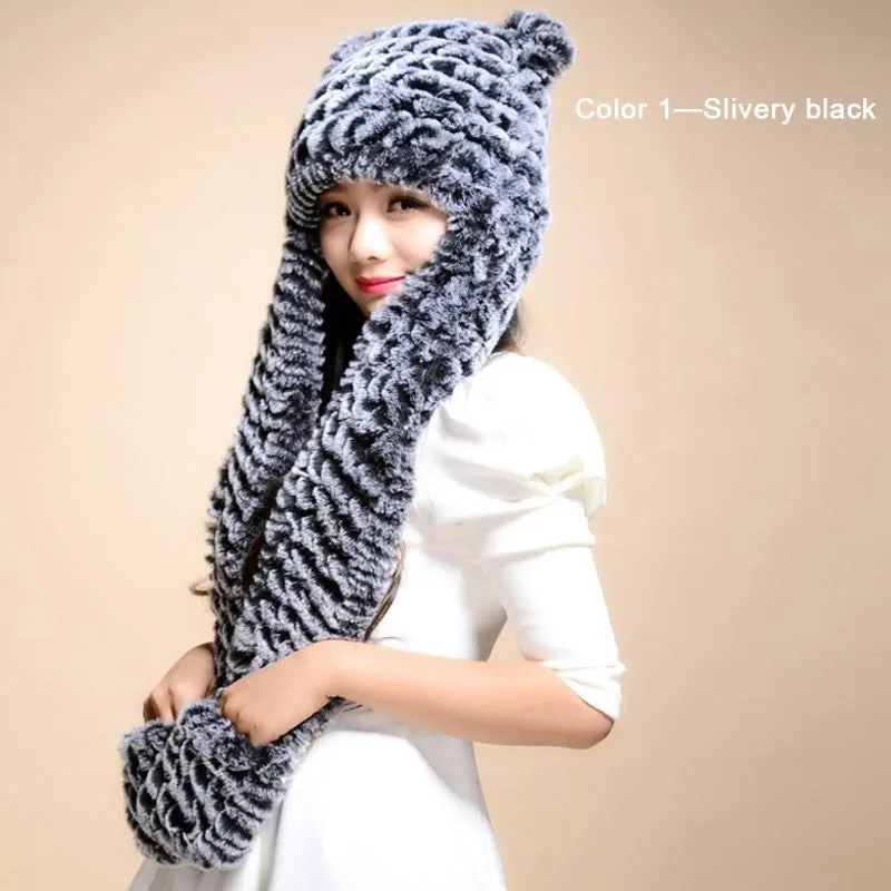 Winter Hats for Women with Ear Flaps Knitted Real REX Rabbit Fur Hat Multi-used Scarf Glove Cute Beanie Winter Fur Cap Headgear Head Warmer Headdress FS14611