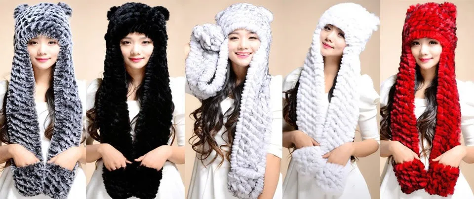 Winter Hats for Women with Ear Flaps Knitted Real REX Rabbit Fur Hat Multi-used Scarf Glove Cute Beanie Winter Fur Cap Headgear Head Warmer Headdress FS14611
