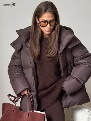Women Thicken Hooded Down Overtised Cotton Jacket Fashion Long Sleeve Lapel Women's Coat 2024 Winter Lady Warm Commute Overcoat