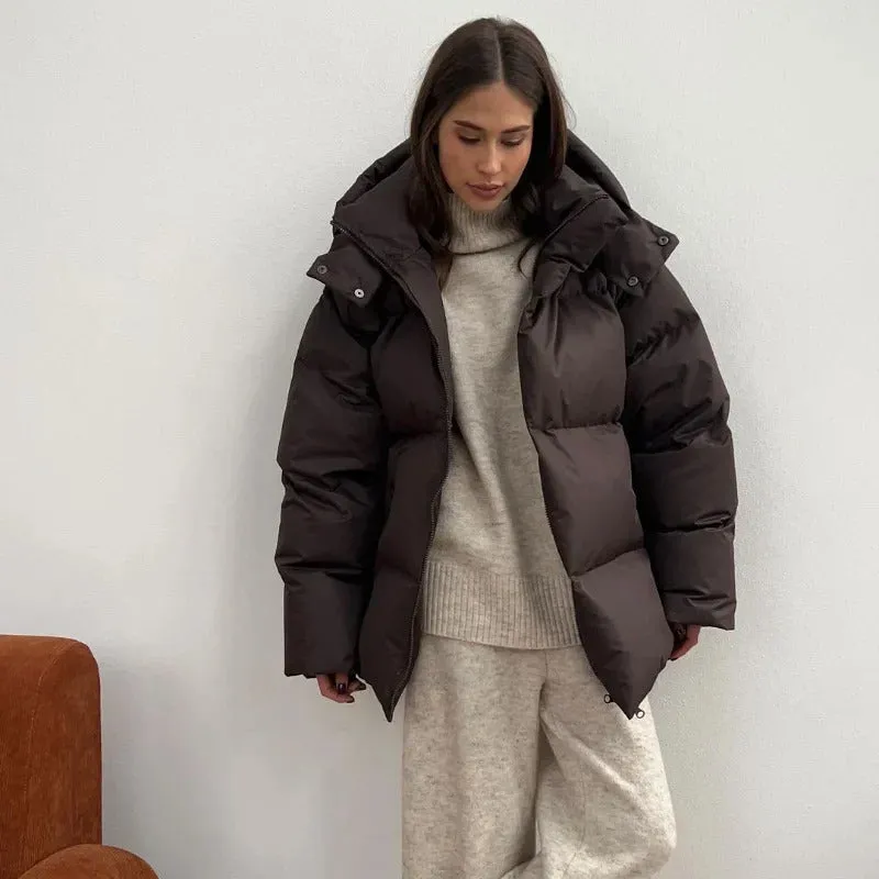 Women Thicken Hooded Down Overtised Cotton Jacket Fashion Long Sleeve Lapel Women's Coat 2024 Winter Lady Warm Commute Overcoat