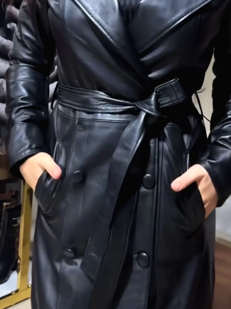 Women's Black Leather Maxi Trench Coat
