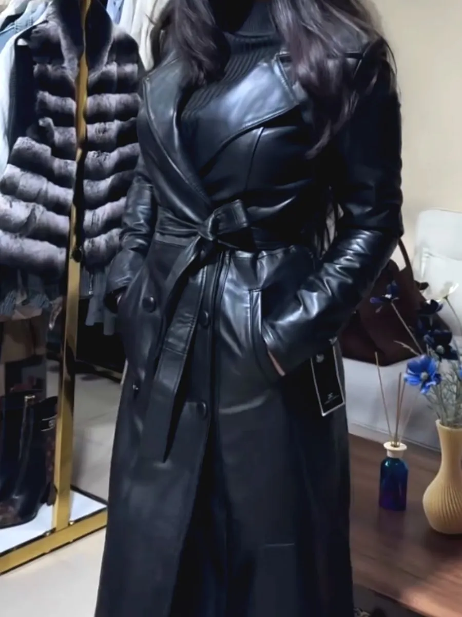 Women's Black Leather Maxi Trench Coat