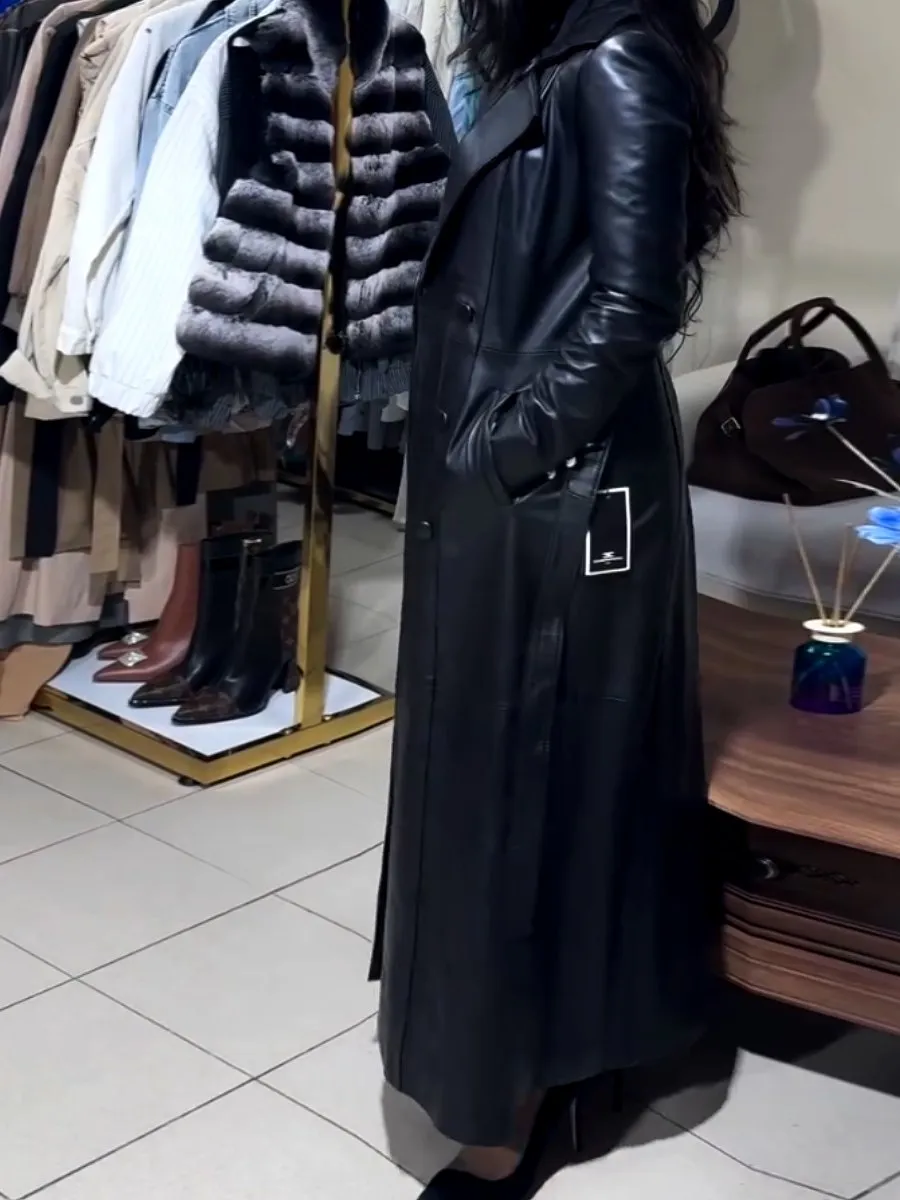 Women's Black Leather Maxi Trench Coat