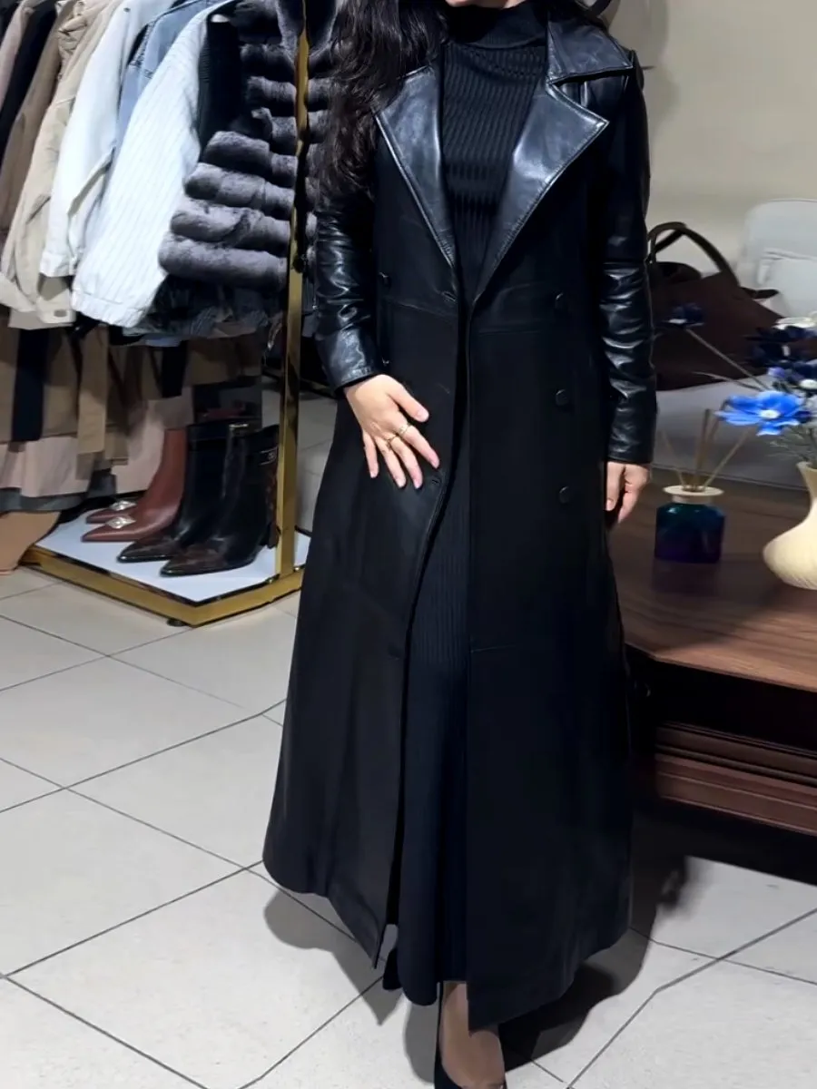 Women's Black Leather Maxi Trench Coat
