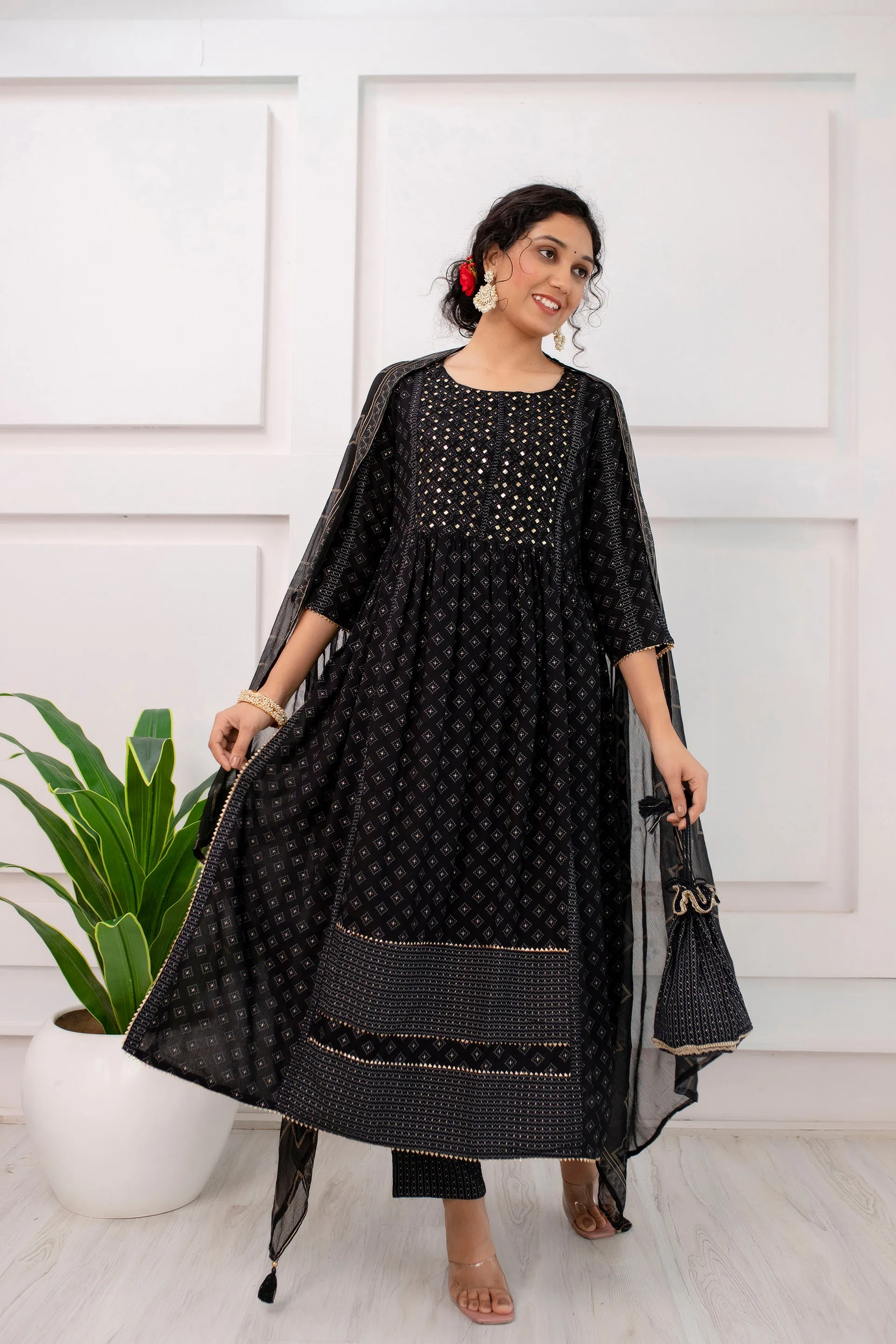 Women's Black Rayon Nyara Cut A-Line Kurta Pant and Dupatta With Fancy Potli Set