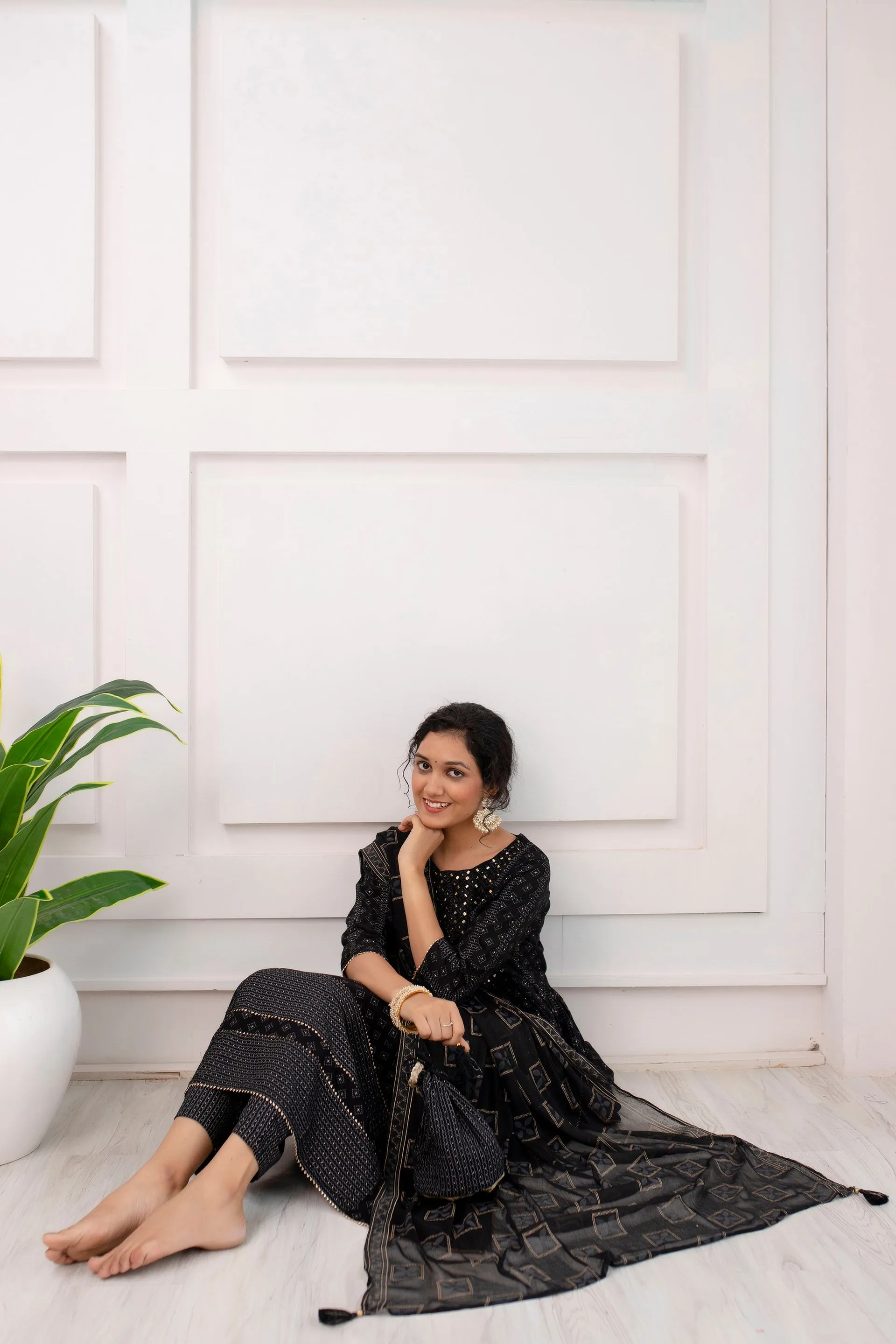 Women's Black Rayon Nyara Cut A-Line Kurta Pant and Dupatta With Fancy Potli Set