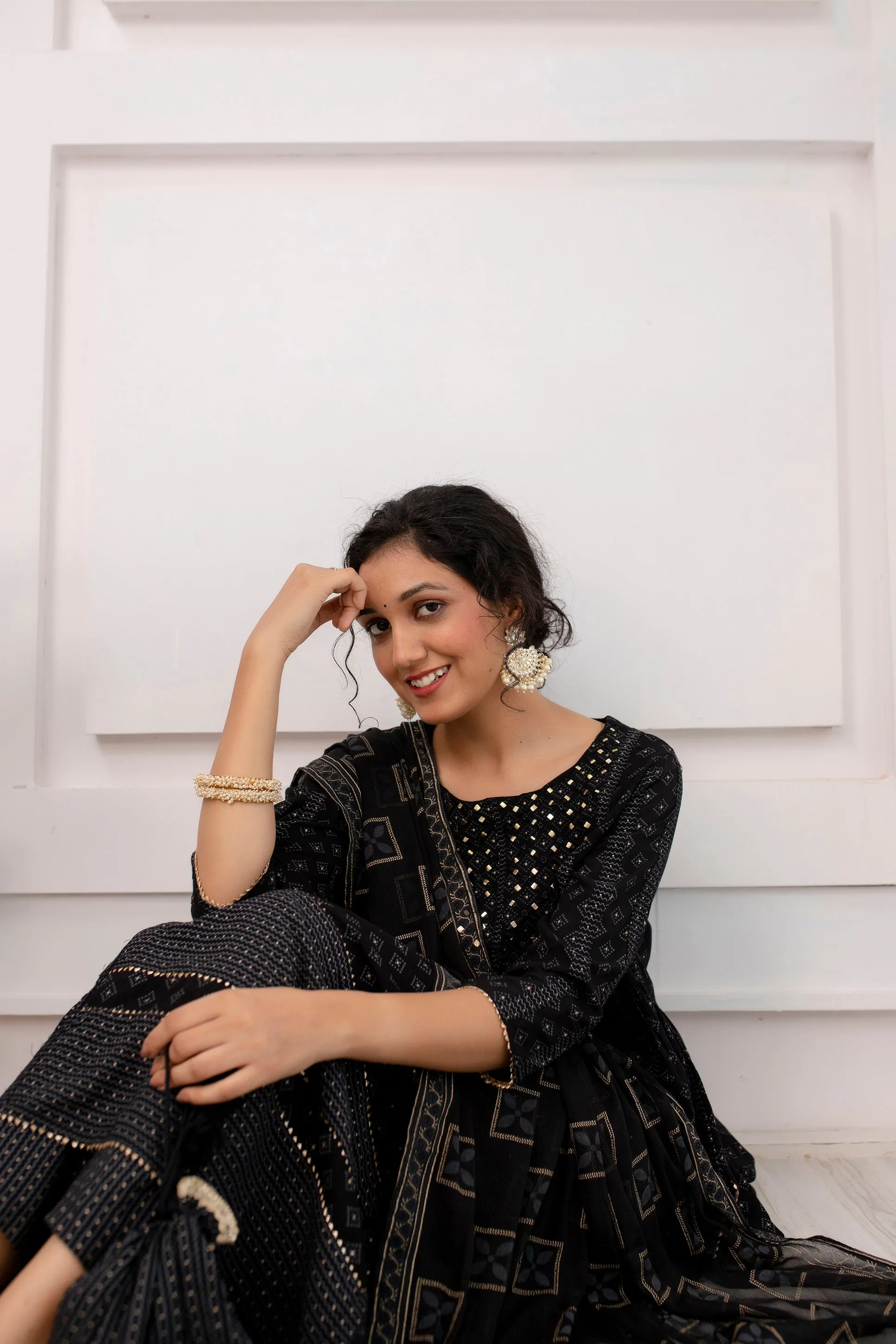 Women's Black Rayon Nyara Cut A-Line Kurta Pant and Dupatta With Fancy Potli Set