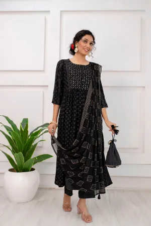 Women's Black Rayon Nyara Cut A-Line Kurta Pant and Dupatta With Fancy Potli Set