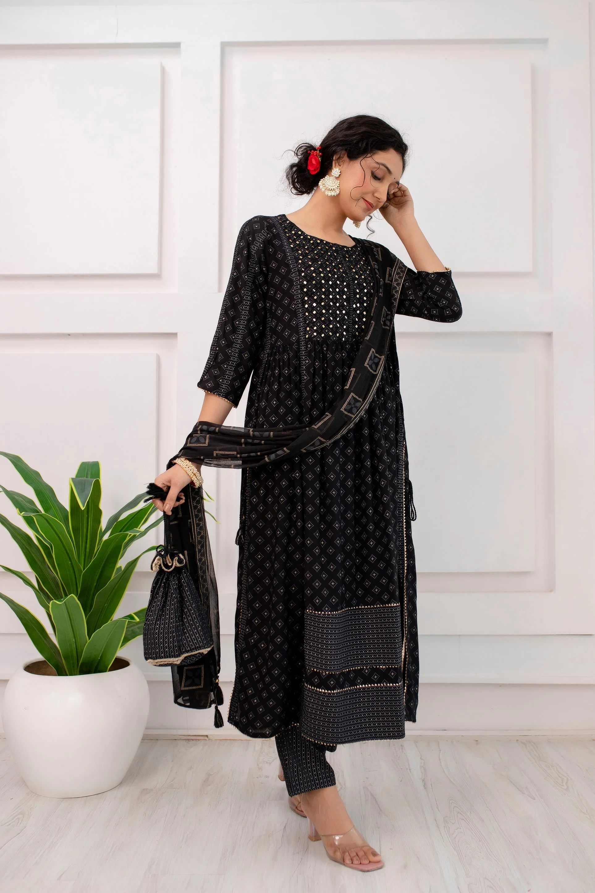 Women's Black Rayon Nyara Cut A-Line Kurta Pant and Dupatta With Fancy Potli Set