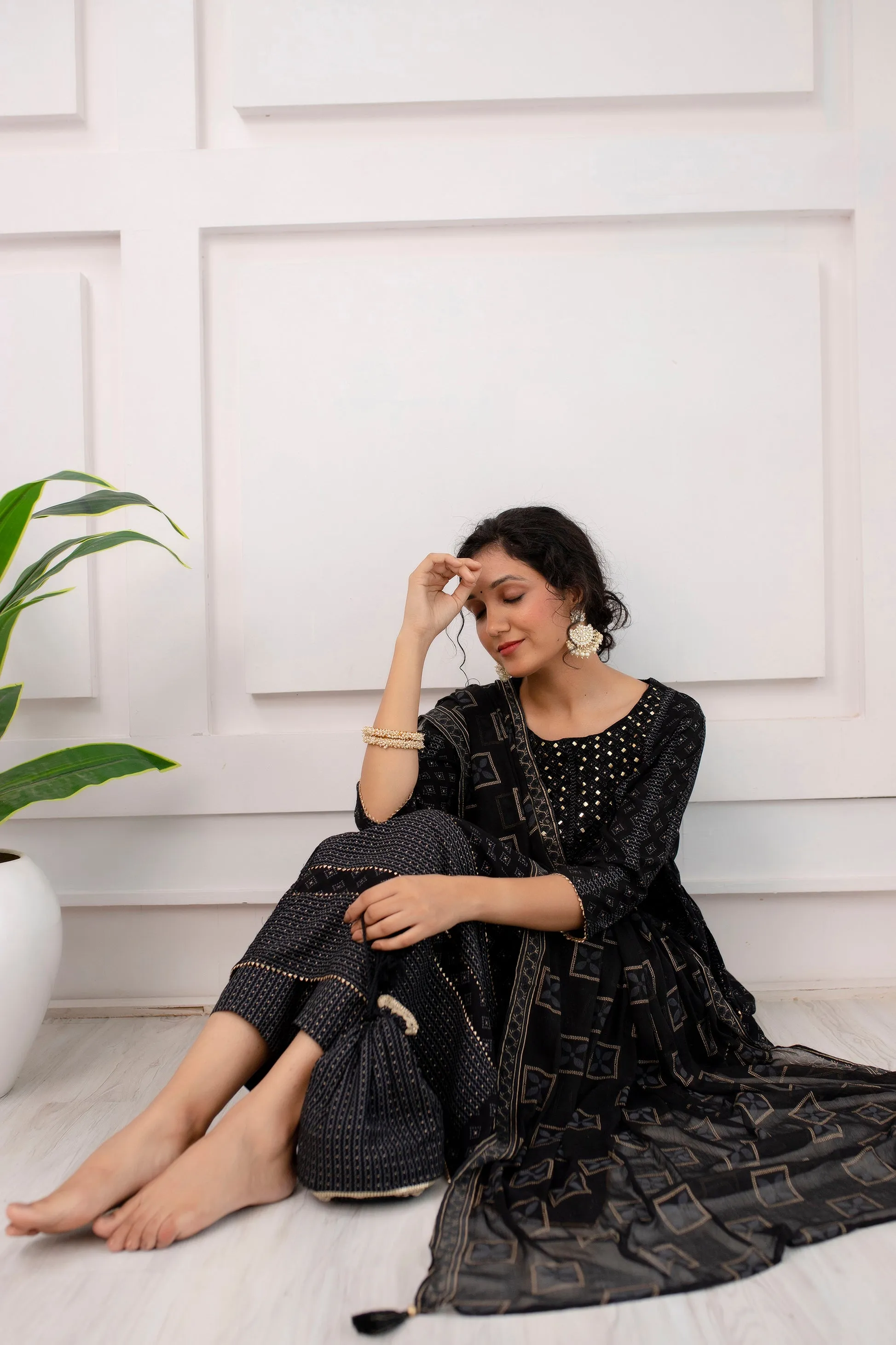 Women's Black Rayon Nyara Cut A-Line Kurta Pant and Dupatta With Fancy Potli Set
