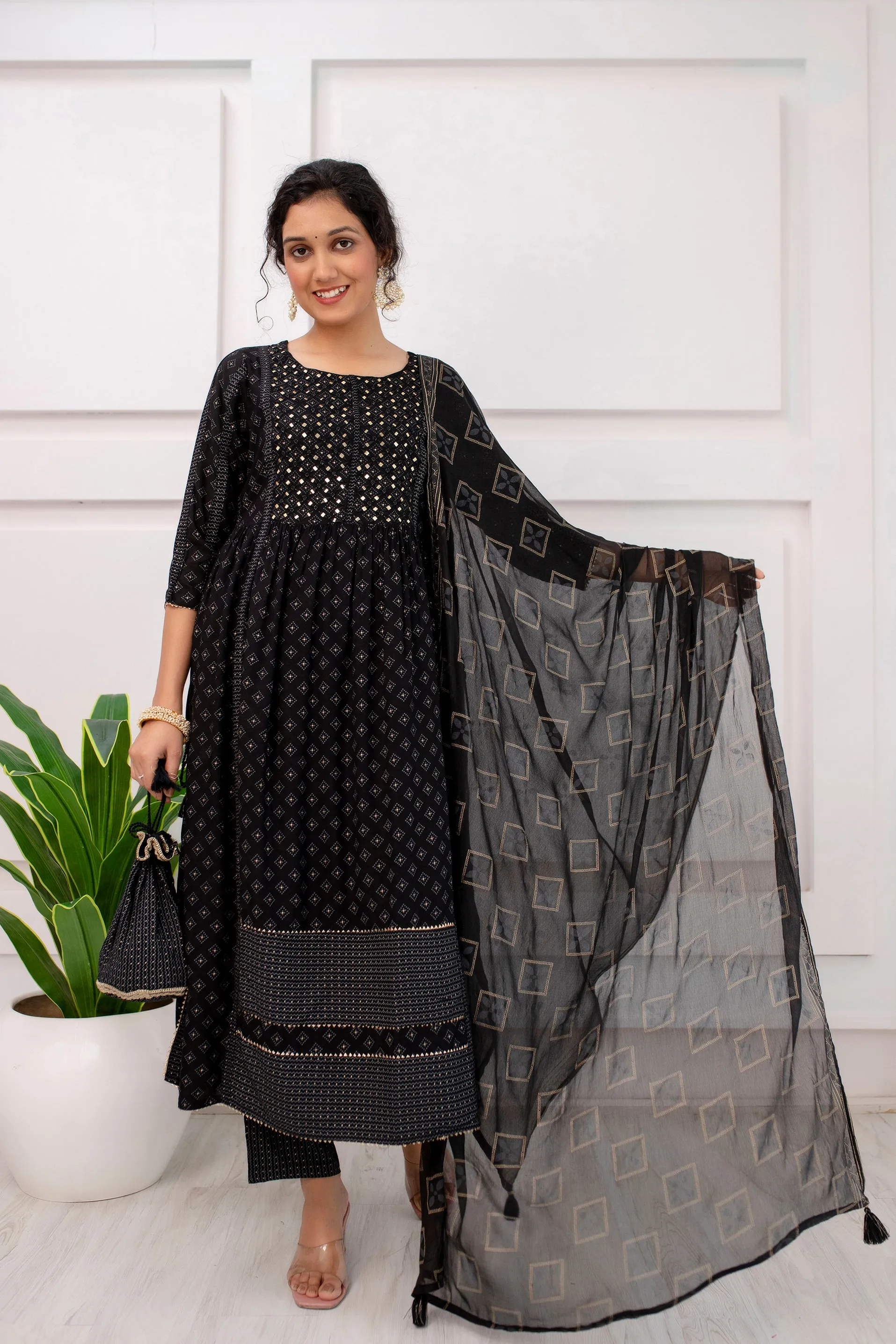 Women's Black Rayon Nyara Cut A-Line Kurta Pant and Dupatta With Fancy Potli Set