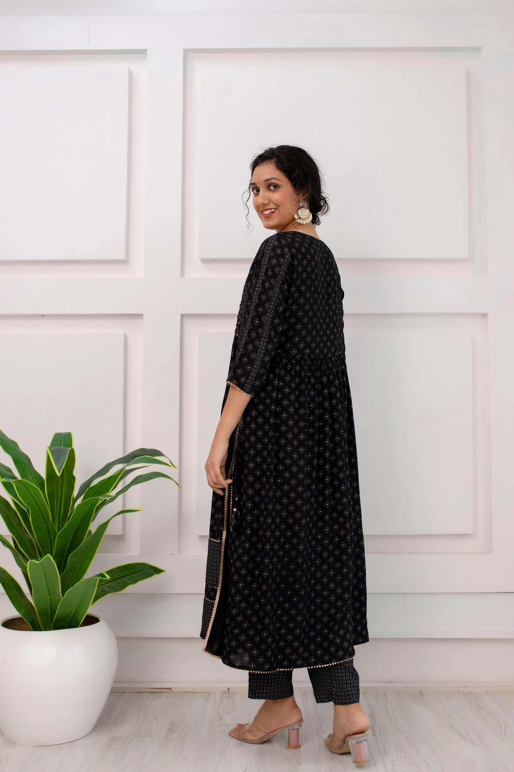 Women's Black Rayon Nyara Cut A-Line Kurta Pant and Dupatta With Fancy Potli Set