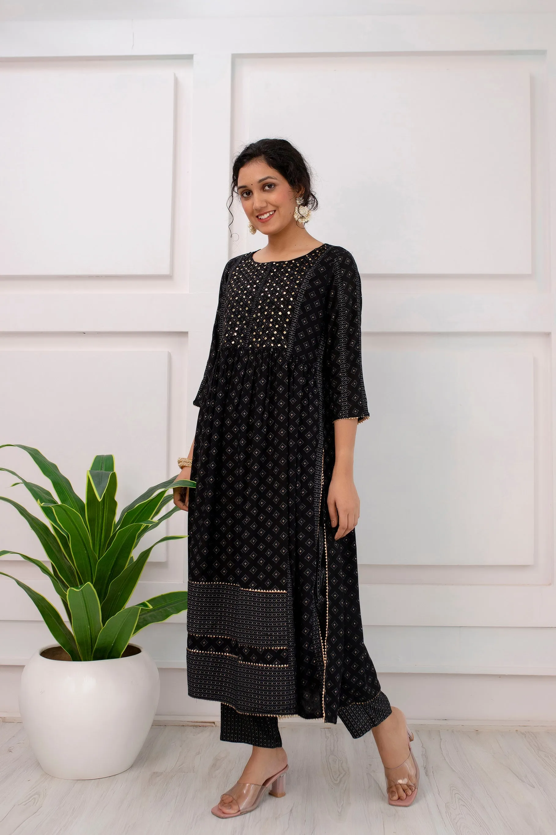 Women's Black Rayon Nyara Cut A-Line Kurta Pant and Dupatta With Fancy Potli Set
