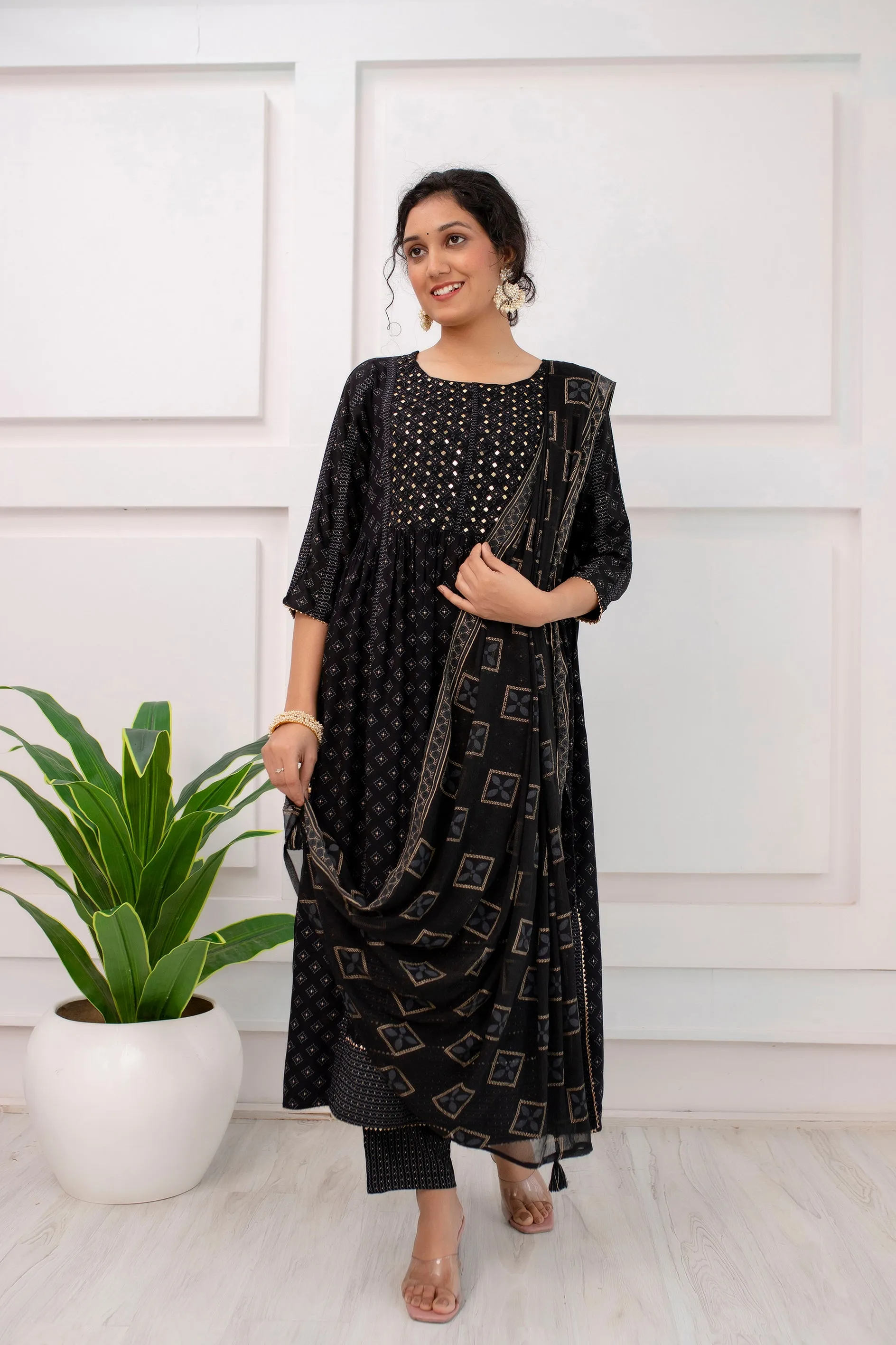 Women's Black Rayon Nyara Cut A-Line Kurta Pant and Dupatta With Fancy Potli Set