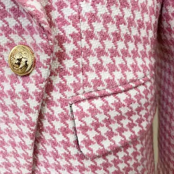 Women's Pink White Tweed Houndstooth Luxury Fitted Double Breasted Blazer Coat