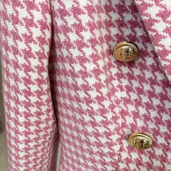 Women's Pink White Tweed Houndstooth Luxury Fitted Double Breasted Blazer Coat