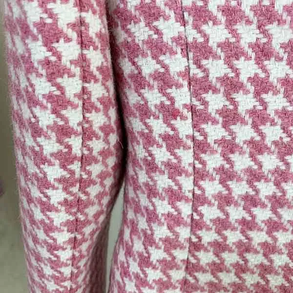 Women's Pink White Tweed Houndstooth Luxury Fitted Double Breasted Blazer Coat