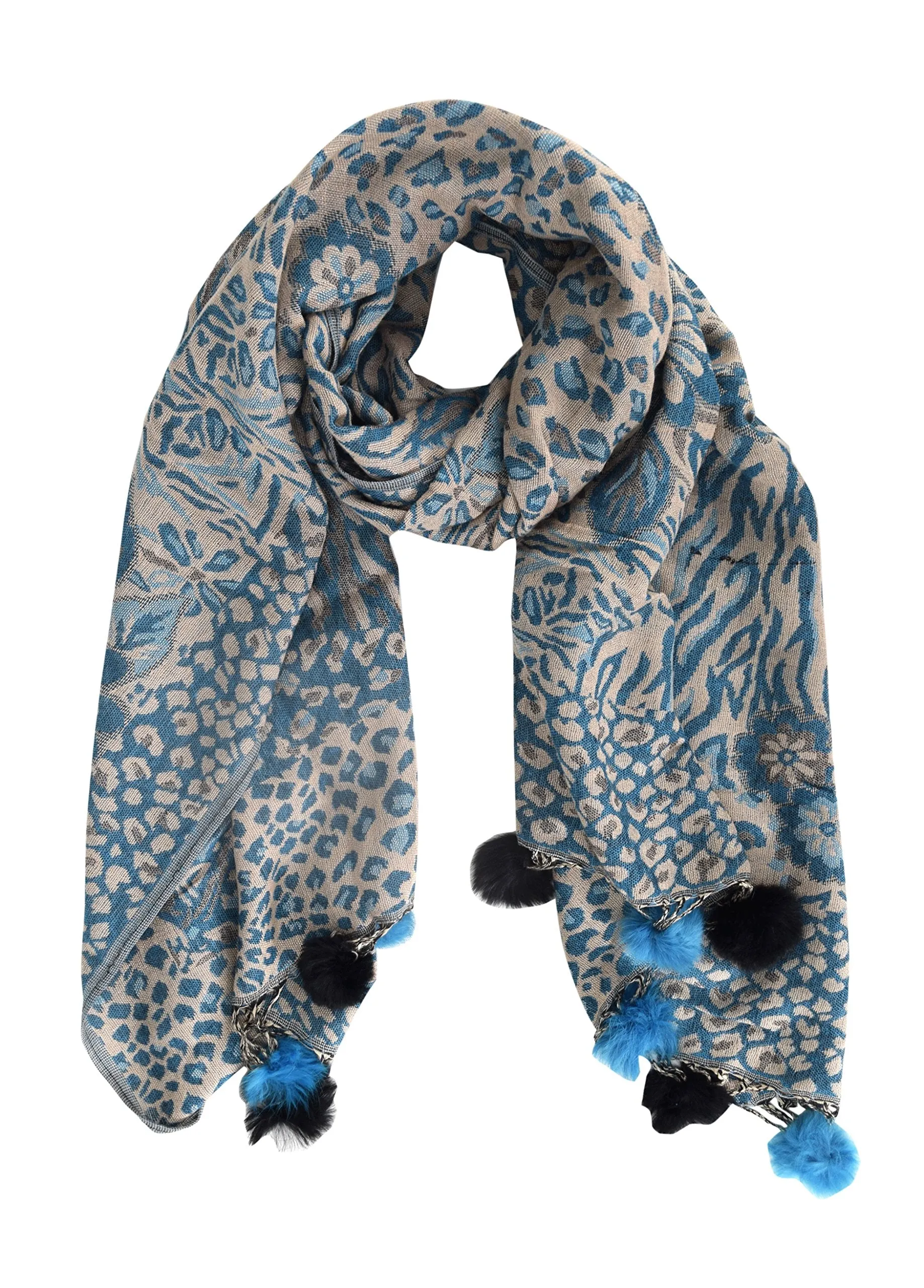 Women's Retro Style Warm Floral Animal Print Pashmina Scarf with Faux Fur Poms
