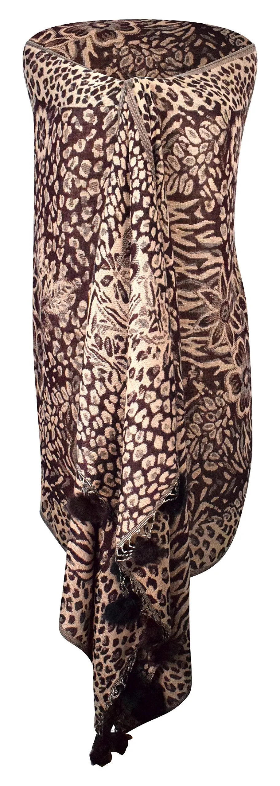 Women's Retro Style Warm Floral Animal Print Pashmina Scarf with Faux Fur Poms
