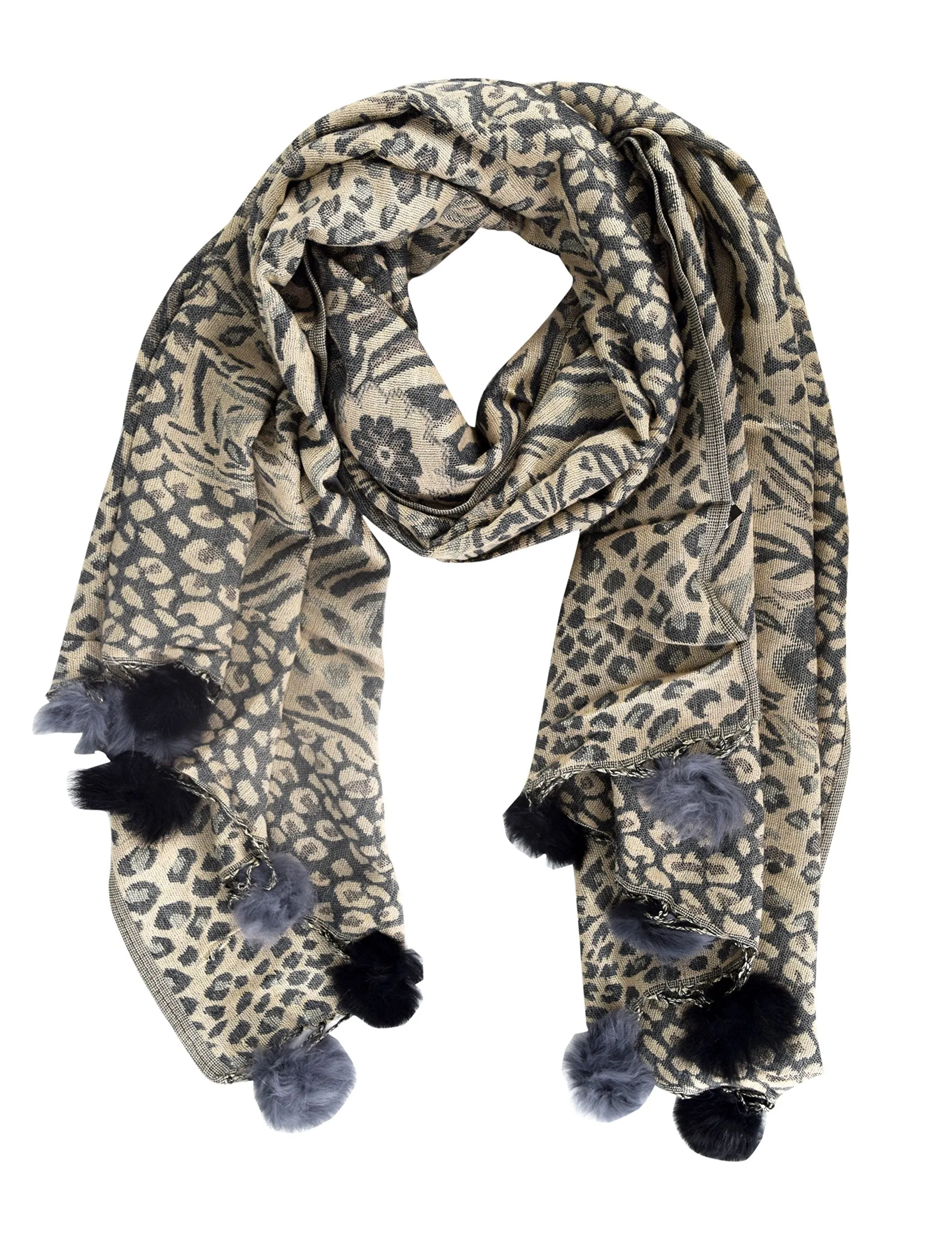 Women's Retro Style Warm Floral Animal Print Pashmina Scarf with Faux Fur Poms
