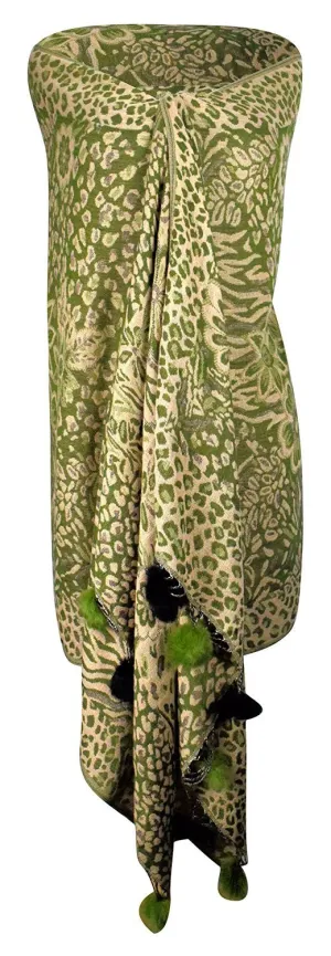 Women's Retro Style Warm Floral Animal Print Pashmina Scarf with Faux Fur Poms