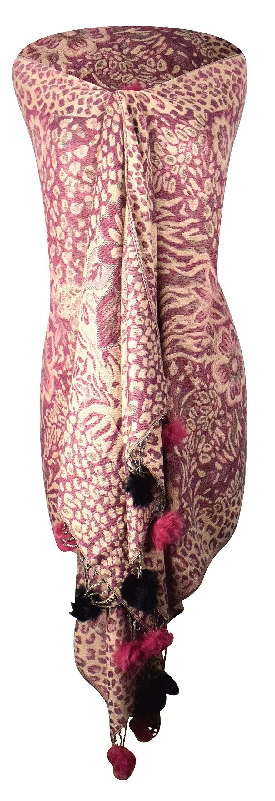 Women's Retro Style Warm Floral Animal Print Pashmina Scarf with Faux Fur Poms