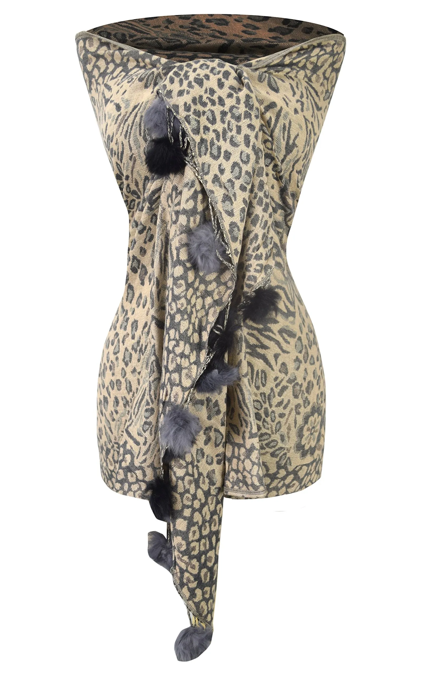 Women's Retro Style Warm Floral Animal Print Pashmina Scarf with Faux Fur Poms