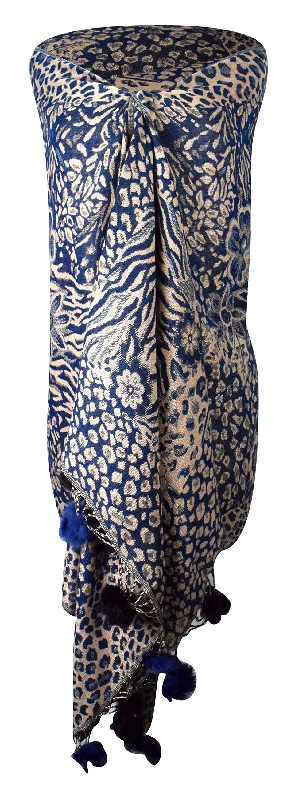 Women's Retro Style Warm Floral Animal Print Pashmina Scarf with Faux Fur Poms