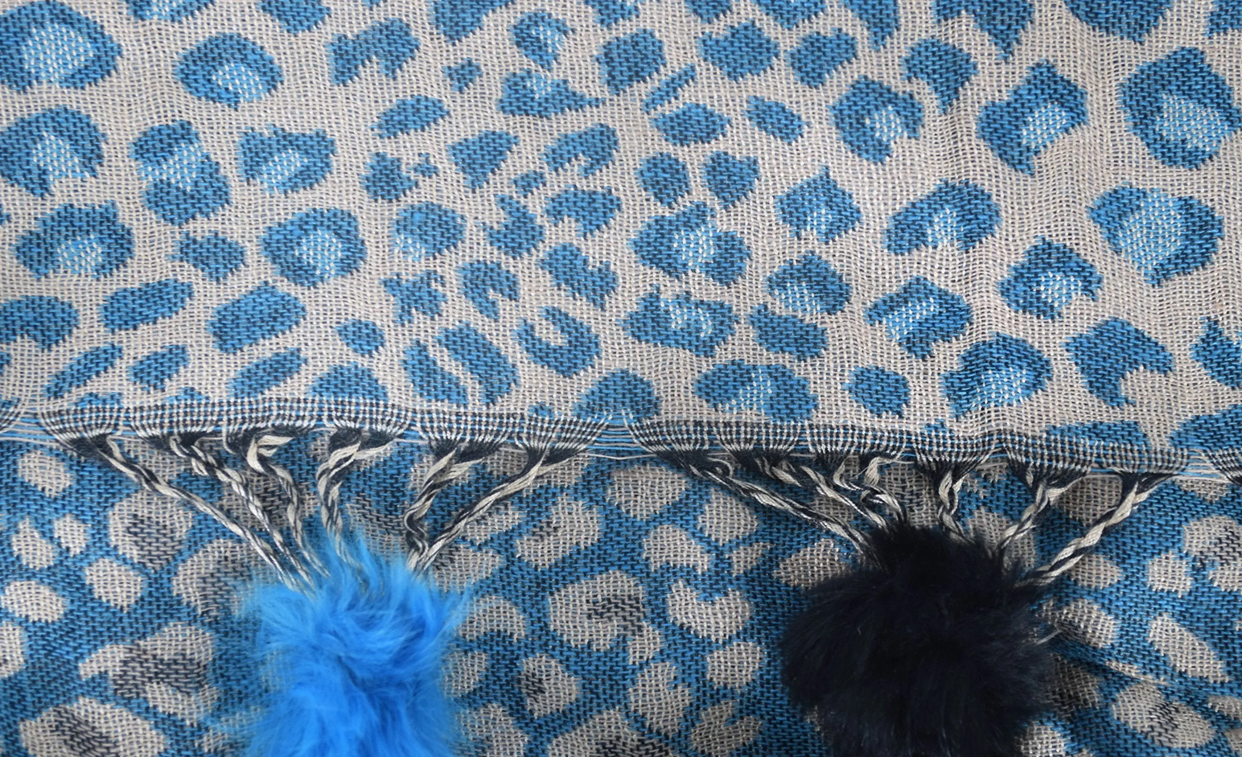 Women's Retro Style Warm Floral Animal Print Pashmina Scarf with Faux Fur Poms