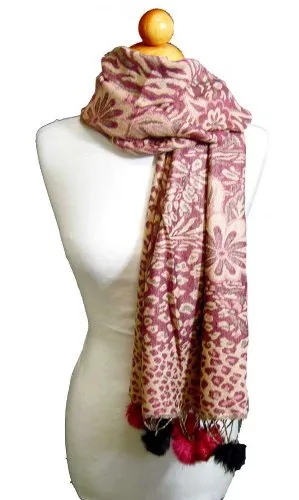 Women's Retro Style Warm Floral Animal Print Pashmina Scarf with Faux Fur Poms