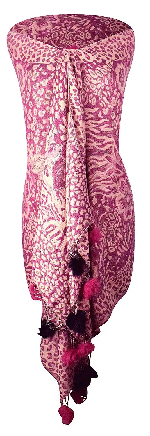 Women's Retro Style Warm Floral Animal Print Pashmina Scarf with Faux Fur Poms