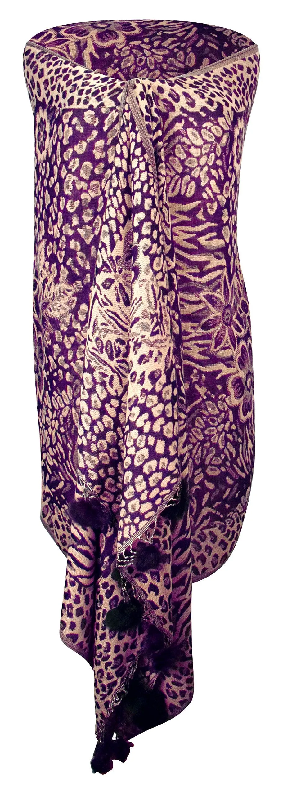 Women's Retro Style Warm Floral Animal Print Pashmina Scarf with Faux Fur Poms