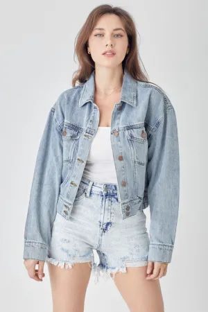 Womens RISEN Full Size Button Down Cropped Denim Jacket (S-3XL)