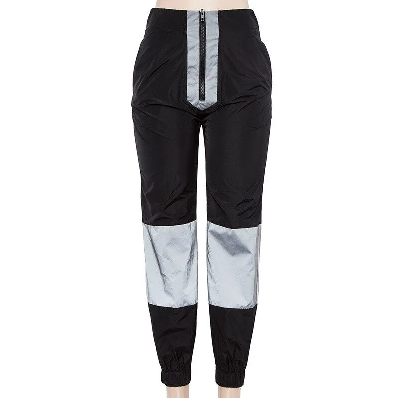Women's Summer Casual Reflective Patchwork Joggers With Zippers