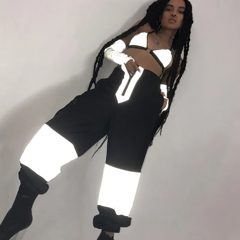 Women's Summer Casual Reflective Patchwork Joggers With Zippers