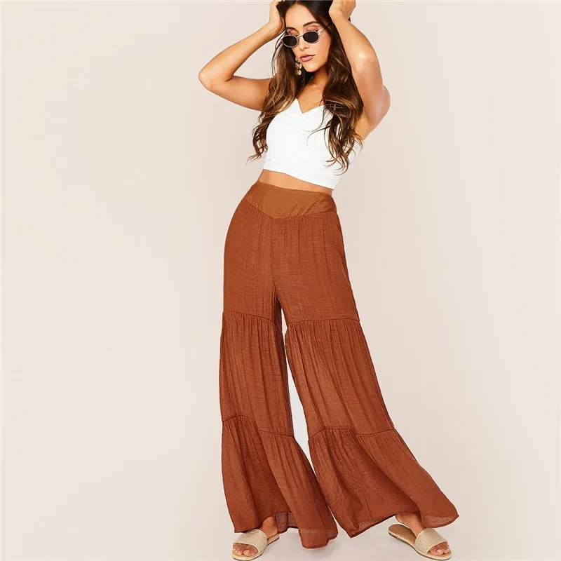 Women's Summer Polyester High-Waist Pants With Ruffles