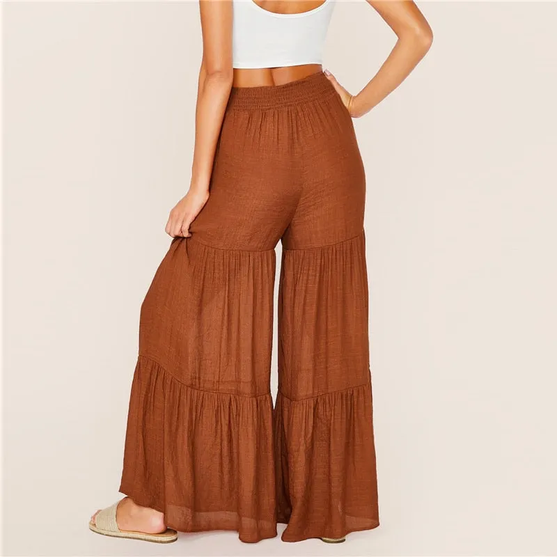 Women's Summer Polyester High-Waist Pants With Ruffles