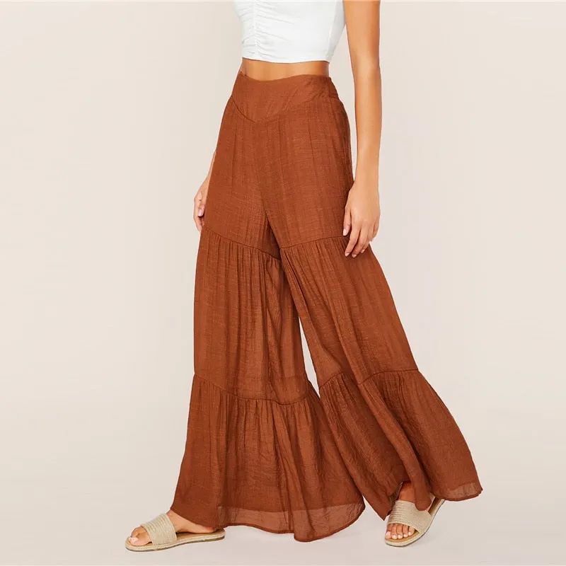 Women's Summer Polyester High-Waist Pants With Ruffles