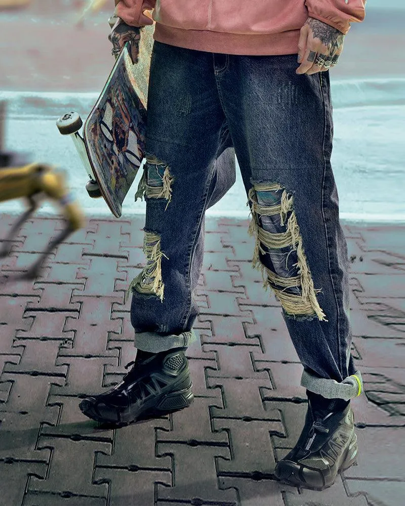 XIPHEVIL Cyberpunk Laser Destroyed Unisex Denim Cargo Pants