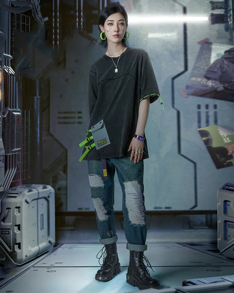 XIPHEVIL Cyberpunk Laser Destroyed Unisex Denim Cargo Pants
