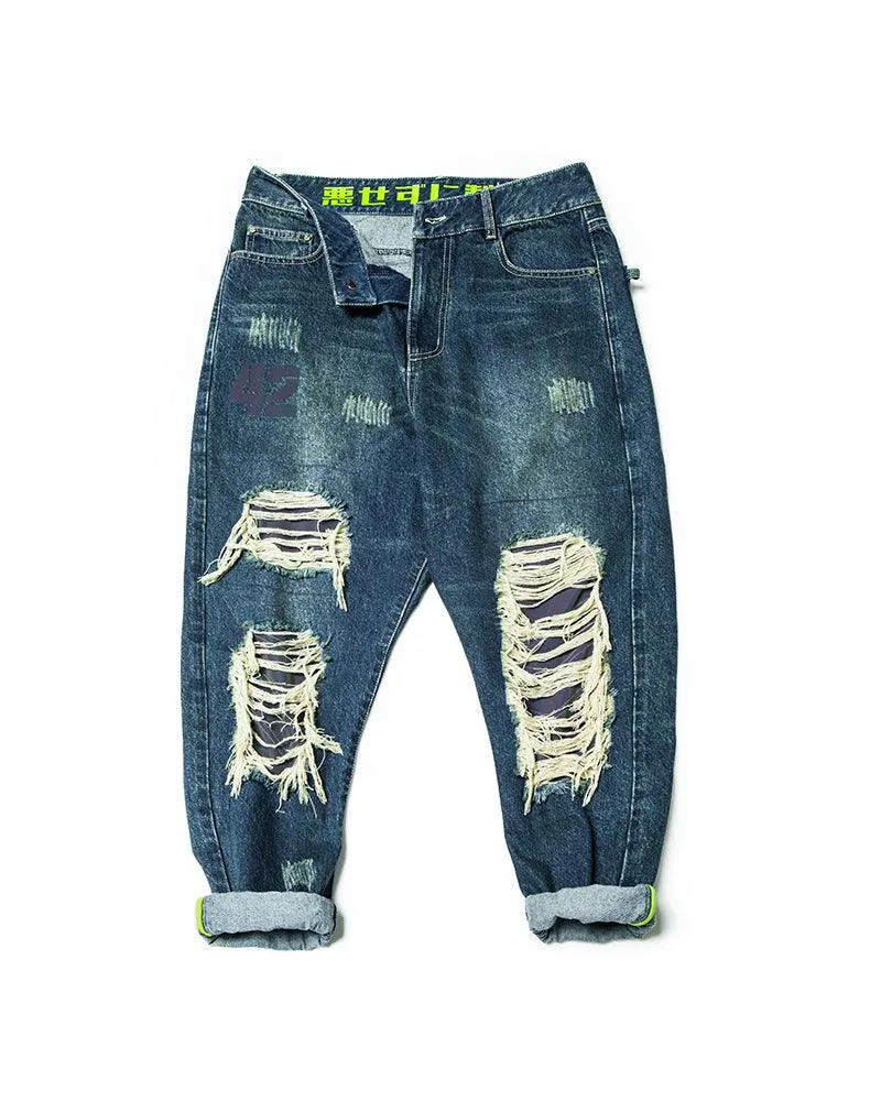 XIPHEVIL Cyberpunk Laser Destroyed Unisex Denim Cargo Pants